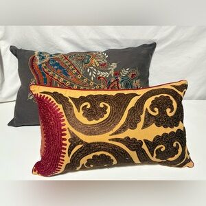 2 Decorative World Market Boho Pillows Paisley Lumbar Gold Gray Multi Top